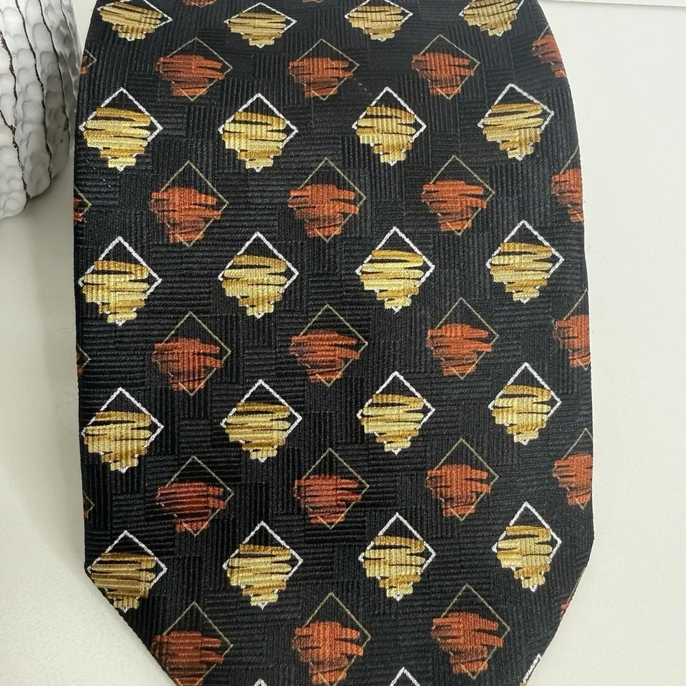 Von Furstenberg Men's Silk Necktie Black Orange‎ Gold Print 3 5/8
